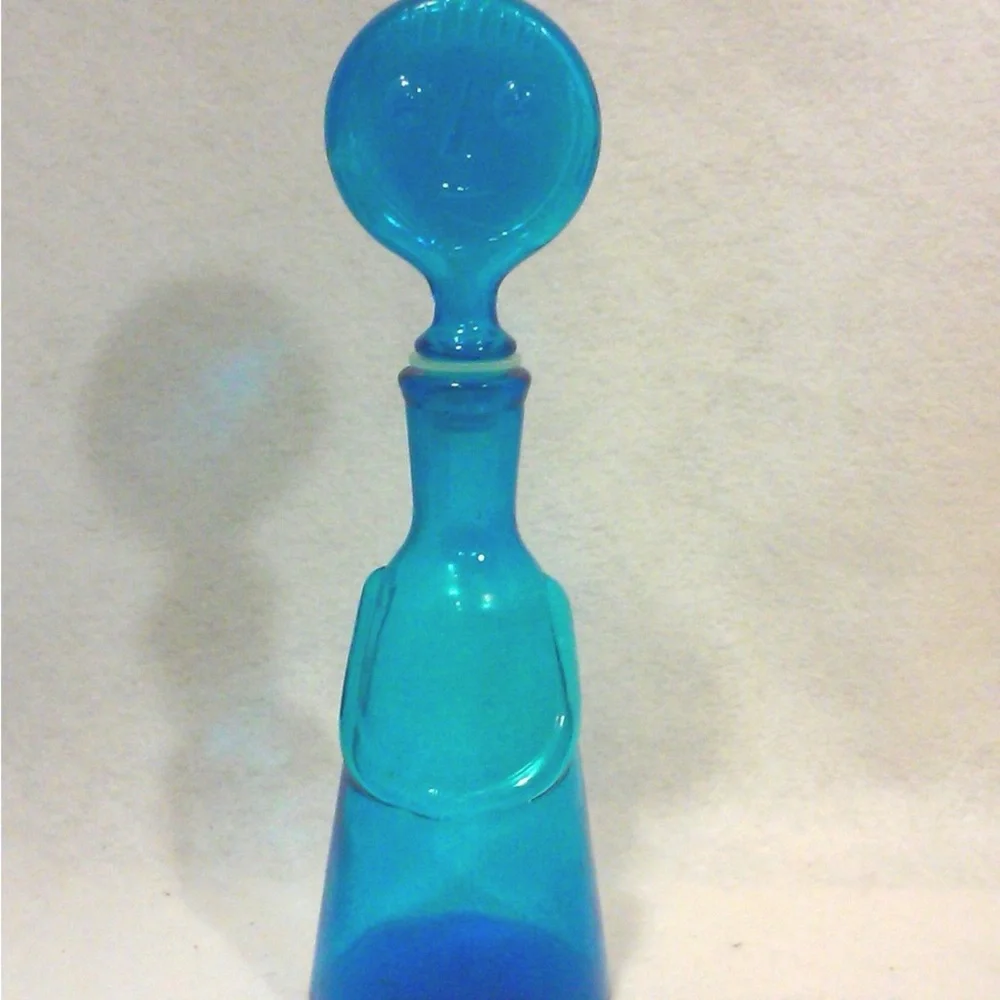 Vintage Blue Glass Art Glass Face Decanter Bottle